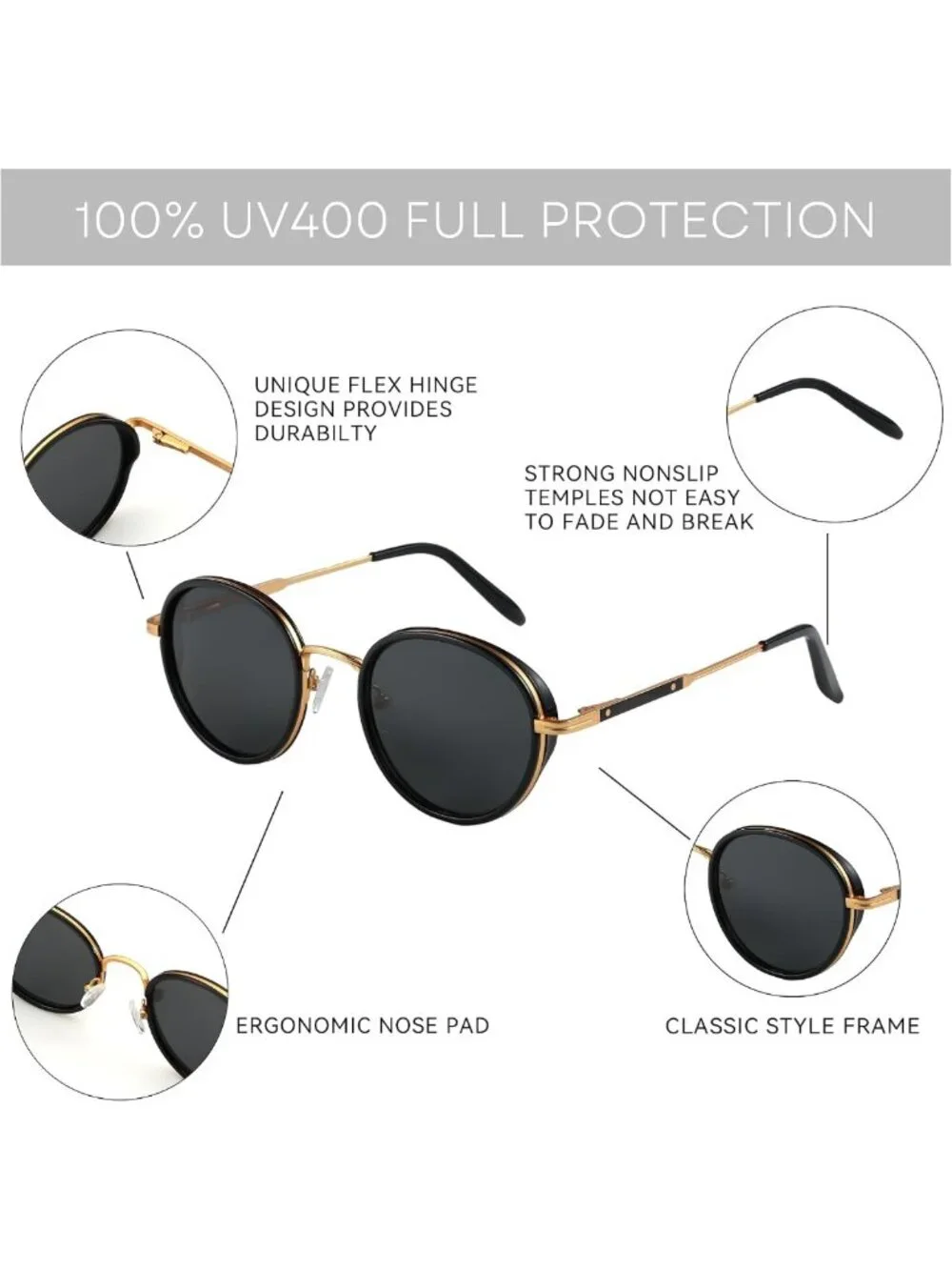 Retro Round Polarized Steampunk Sunglasses - Vintage Metal Frame UV400 Shades